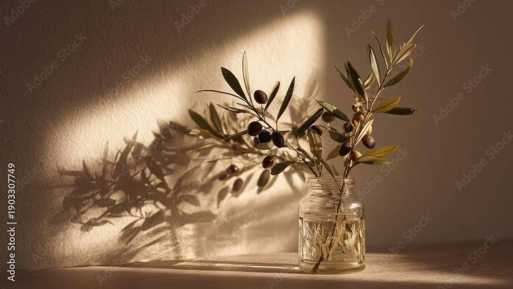 Obraz premium Olive branches with dark olives in a clear glass jar on a wooden surface, bathed in warm sunlight and soft shadows. Concept Olive branches still life, Dark olives in a clear glass jar