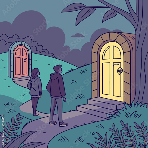 Abstract journey through a landscape dotted with swirling portals, suggesting interdimensional travel and discovery.