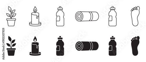 Minimalist black yoga and wellness icon set with a mat, candle, plant, bottle, and foot, presented in both thin line art and solid silhouette graphic styles for relaxation