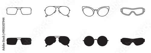 Black vector glasses icons set with various frame shapes including aviator, cat-eye, and rectangular styles, shown as both simple line art outlines and solid black silhouettes