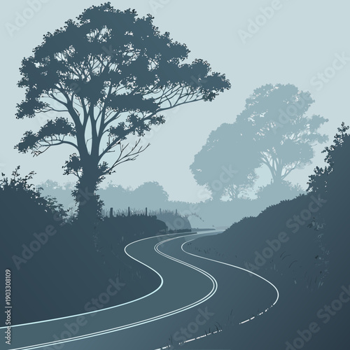 Journey on a road dissolving into mist, representing uncertainty, the unknown future, and a contemplative path.