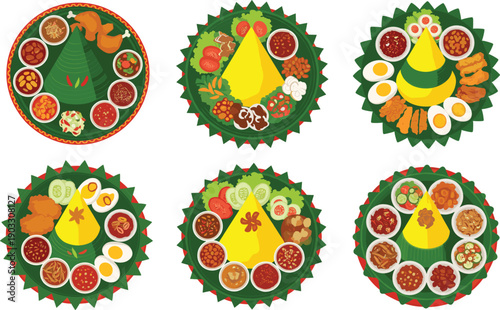 Traditional Bengali Food Platter Collection Flat Vector Illustration Set Isolated on White Background