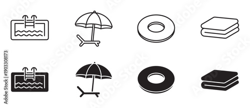 Black swimming pool and beach vacation icons in two styles, outline and solid silhouette, featuring a pool with ladder, sunbed with umbrella, inflatable ring, and folded towels