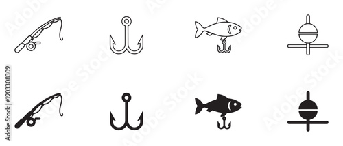 Fishing equipment icon set with a rod, treble hook, fish lure, and bobber presented in both minimalist line art outline and solid black silhouette graphic styles