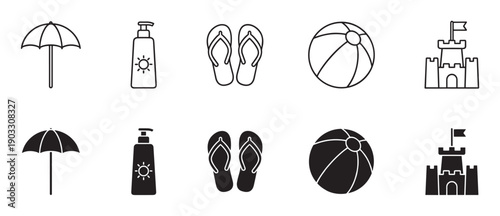 Set of black beach vacation icons showing an umbrella, sunscreen, flip-flops, ball, and sandcastle in both line art and solid silhouette styles for summer holiday concepts