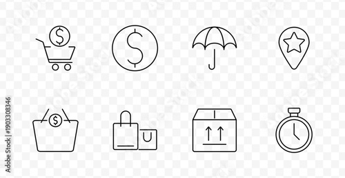 Shopping set icon. Cart with coin, currency, umbrella, star location, package, clock, bag, basket.