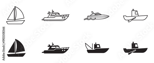 Set of boat and ship icons in line art and solid silhouette styles, featuring a sailboat, yacht, speedboat, and fishing vessel for graphic design and user interface elements