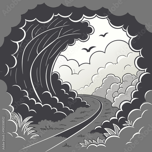 Abstract surreal journey through a dreamy cloud tunnel, symbolizing progress and imagination, with soft pastel colors and ethereal light.