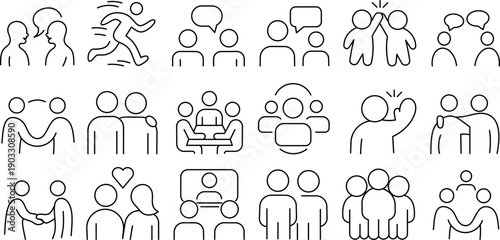 People Interaction Stroke Icon Collection. Human Figures, Community, Family, Teamwork, Social Relationship Outline Icons. Editable Stroke Vector Set.
