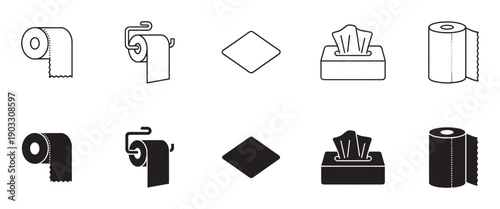Set of black paper product icons including toilet paper, kitchen towels, and facial tissues in a box, presented in both outline and solid glyph styles for web or print