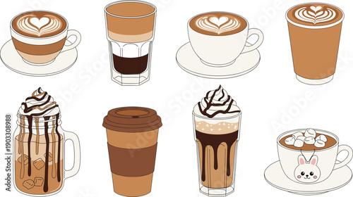 Coffee drinks vector set illustration. Latte, cappuccino, espresso, and iced coffee with cute details. Clean flat design for café menus, branding, and food graphics.