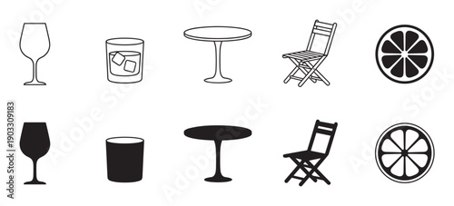 Set of black cafe and bar icons featuring line art and silhouette versions of a wine glass, drink, table, chair, and citrus slice for graphic design elements