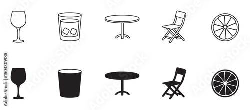 Set of black cafe and bar icons showing a wine glass, tumbler, table, chair, and citrus slice in both line art and solid silhouette styles for graphic design