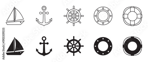 Set of nautical icons including a sailboat, anchor, helm, porthole, and lifebuoy presented in two distinct styles, a simple black outline and a solid silhouette version for graphic design
