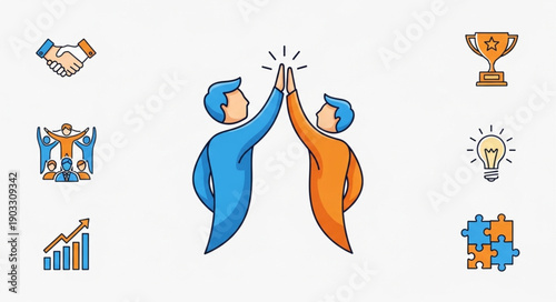 Two men high five celebrating success with surrounding icons.