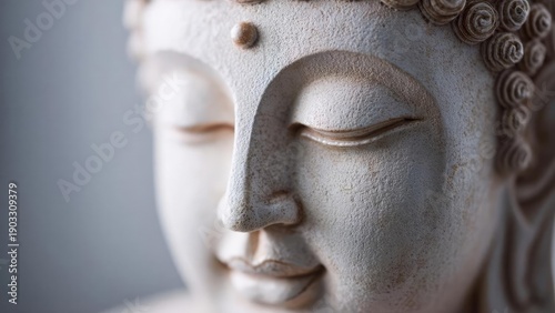 Close-up of a serene Buddha statue head with closed eyes and a textured stone surface. Concept Serene Buddha close-up, Textured stone surface, Closed eyes meditation, Intricate stone carving details