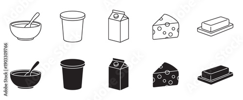 Set of dairy product icons in outline and solid silhouette styles, featuring a bowl of yogurt, a cup, a milk carton, a wedge of cheese, and a stick of butter on a dish