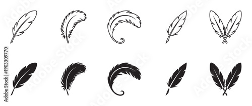 Collection of black feather icons in silhouette and outline styles showing various shapes and forms for graphic design, including single and crossed quills in a minimalist vector set