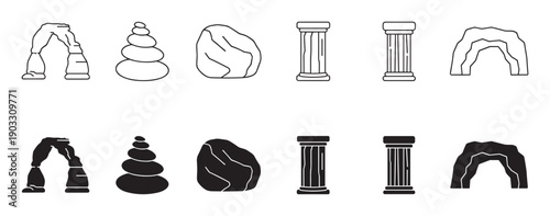 Collection of black nature and architectural icons showing a rock arch, stacked stones, a boulder, and ancient columns in both line art and solid glyph styles