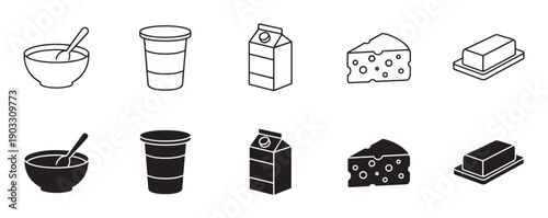 Dairy food icon set in line art and solid glyph styles showing a bowl, yogurt cup, milk carton, cheese wedge, and butter for graphic design or web elements