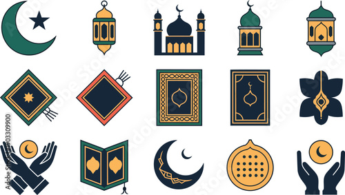 Collection of colorful flat icons representing Ramadan and Eid al-Fitr religious symbols for festive graphic design.