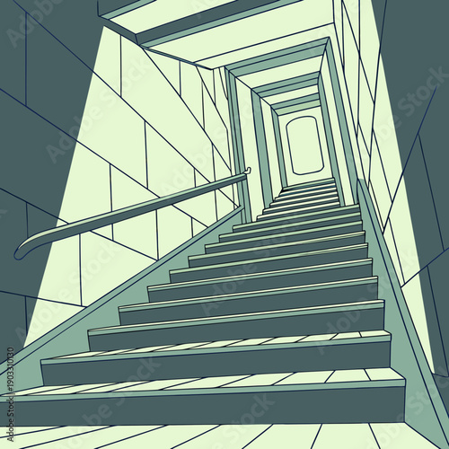 Ascending an endless staircase in an open, minimalist space, journey towards growth, progress and achievement