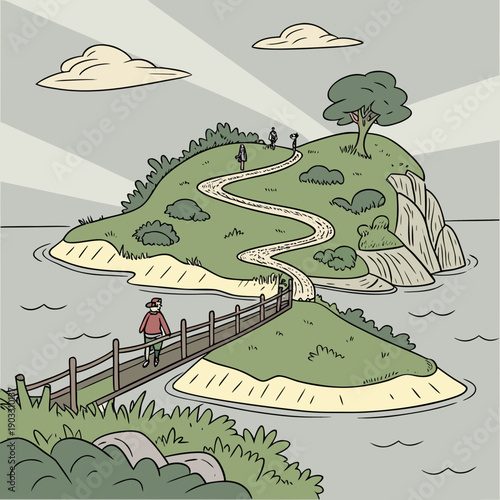 Journey connecting a chain of lush islands, forming a pathway through tranquil turquoise waters, island hopping adventure