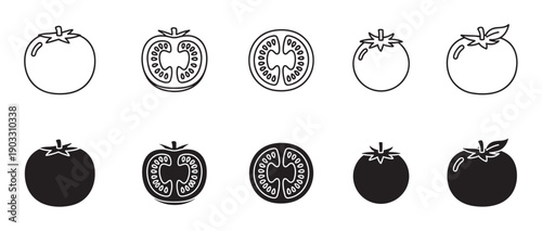 Black and white tomato icon set showing whole, half, and sliced vegetables in both simple line art and solid silhouette styles for graphic design and culinary concepts