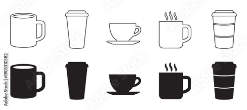 Black coffee cup and mug icon set showing various hot beverage containers like teacups and travel mugs in line art and solid silhouette styles