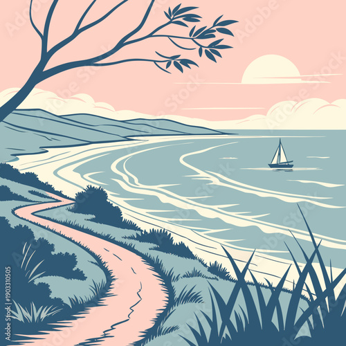 Journey through calm ocean paths at dawn, serene sea journey at sunrise, peaceful water voyage, tranquil morning atmosphere