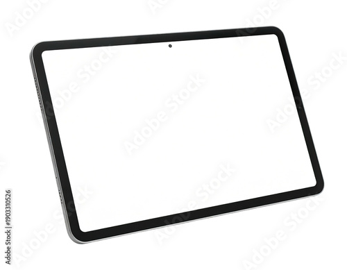 A modern digital tablet with a blank screen, angled, on a transparent background