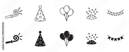 Set of black party celebration icons featuring a horn, cone hat, balloons, confetti, and bunting in both outline and solid fill styles for festive design elements