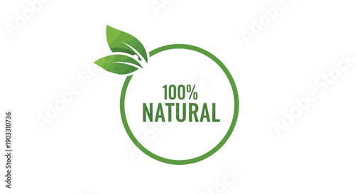 Green natural product label with leaves and certification mark for organic products and eco friendly branding