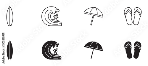 Black summer vacation and surfing icon set with surfboard, wave rider, beach umbrella, and flip-flops presented in minimalist outline and solid silhouette vector styles