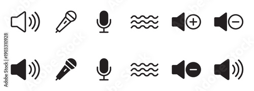 Collection of black audio icons in line and solid glyph styles for user interface design, featuring speaker, microphone, volume control, and sound wave symbols