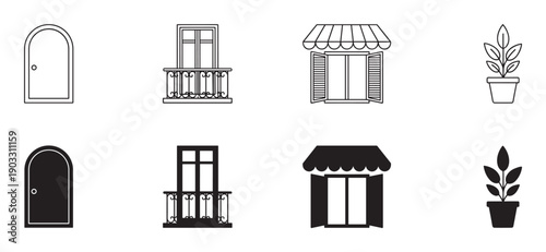 Set of black architectural icons featuring a door, balcony, window with an awning, and a potted plant, presented in both outline and solid silhouette graphic styles