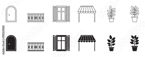 Set of black building facade icons including a door, window, balcony, awning, and plants, presented in both outline and solid glyph styles for graphic design elements