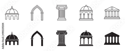 Set of black architectural icons featuring classical buildings, columns, and arches in both outline and solid silhouette styles for graphic design elements