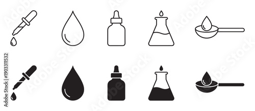 Set of black liquid medicine icons showing a dropper, drop, bottle, flask, and spoon in both outline and solid silhouette styles for science and healthcare concepts