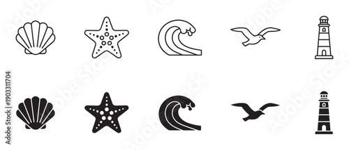 Black and white nautical icon set with a seashell, starfish, ocean wave, flying bird, and lighthouse, shown in two distinct versions as simple line art and solid filled shapes