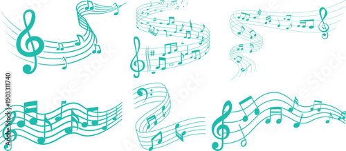 Music staff wave icon set collection with treble clef melody symbols, pixel notes, abstract sound lines, musical composition elements isolated on white background vector.