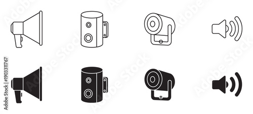 Collection of black audio equipment icons featuring a megaphone, speaker, spotlight, and volume symbol in minimalist outline and solid silhouette vector illustration styles