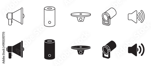 Collection of sound and audio device icons including a megaphone, smart speaker, and volume symbol, presented in two distinct styles: a thin outline and a solid black glyph