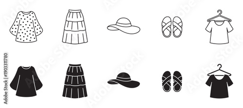 Collection of women's clothing icons featuring a blouse, skirt, hat, sandals, and t-shirt, presented in both black outline and solid silhouette styles for graphic design