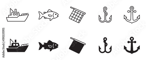 Black fishing and nautical icon collection with a trawler boat, fish, landing net, treble hook, and anchor, presented in both thin line and solid glyph vector styles