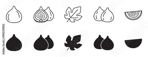 Minimalist set of black fig fruit icons presented in both outline and solid silhouette styles, including whole fruit, cross-section, slice, and leaf illustrations