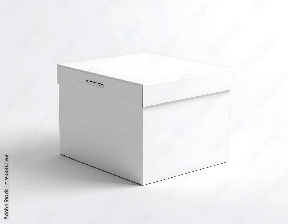 Fototapeta premium Square white cardboard box, lid closed, shadow on a white background