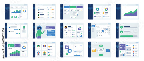 Set of modern user interface components for a business CRM platform, featuring analytics dashboards, sales pipeline management, customer insights, and AI chatbot illustrations