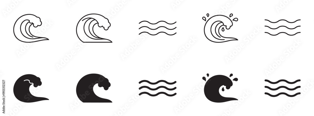 Fototapeta premium Set of black ocean wave icons showing different styles including line art and solid silhouette designs for water, sea, and surf symbols in a minimalist graphic collection
