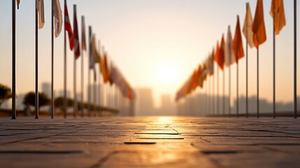 National flags waving in the wind at sunrise create a vibrant scene in an international district, celebrating the diversity and cooperation among various countries and cultures